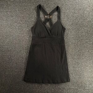 Self Esteem Black Smocked Womens S Empire Waist O-Ring Padded Tank Top Y2K